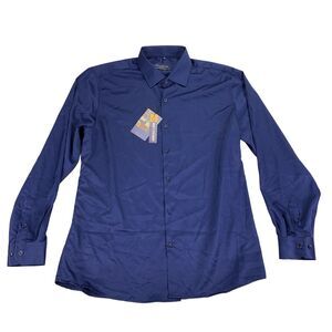 Suslo Couture Mens Polyester Blend Stretch Button Down Shirt Navy Blue XL